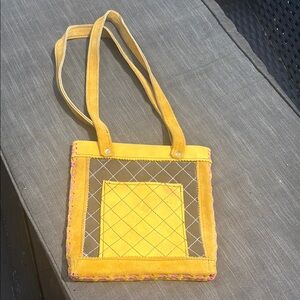 Yellow/tan leather/brown material Tote Bag with pink leather stitching on sides